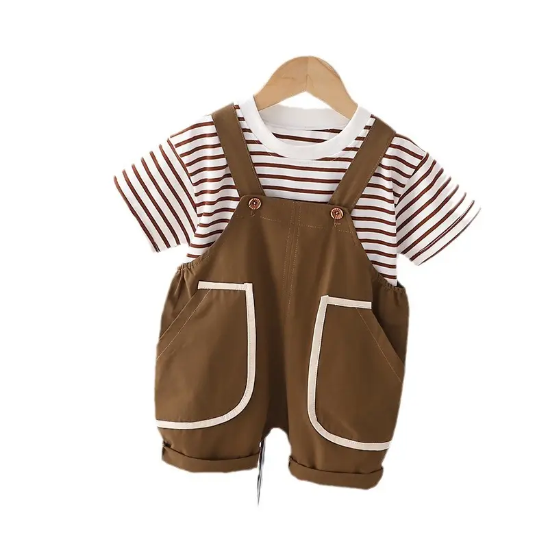 Boys Summer Strappy T-Shirt Shorts Set Brown Striped - Image 5