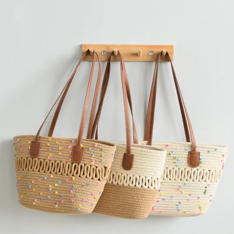 Women's Woven Travel Tote Bag with Leather Handles - Image 6