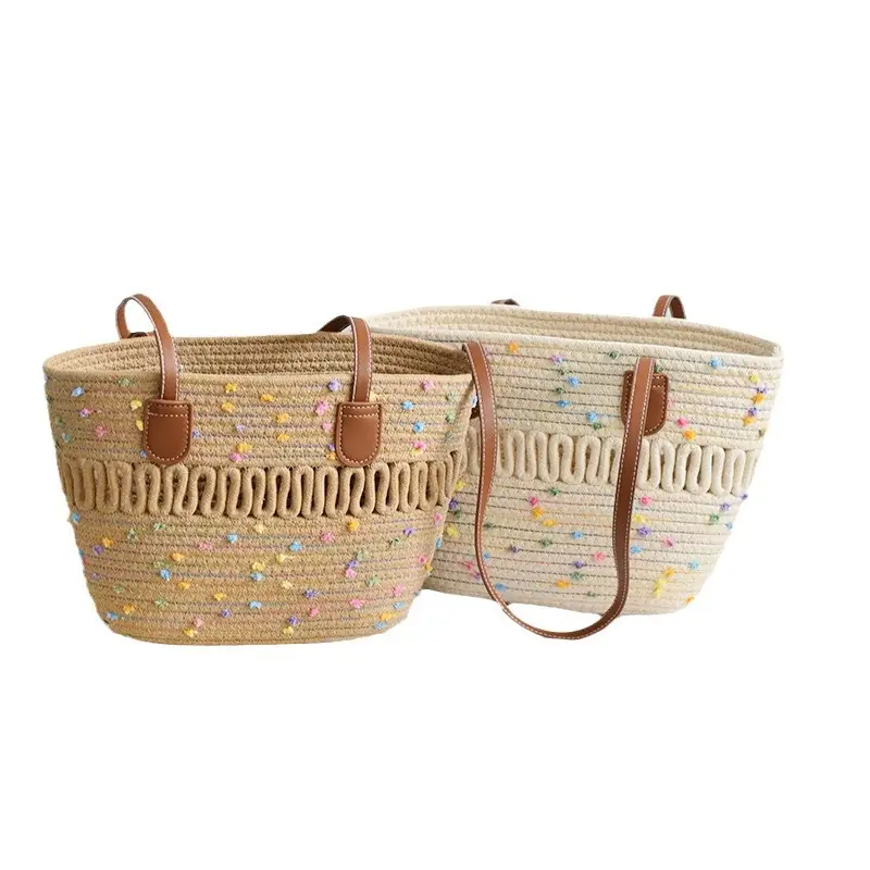 Women's Woven Travel Tote Bag with Leather Handles - Image 8