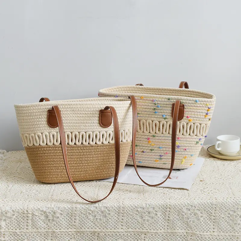 Women's Woven Travel Tote Bag with Leather Handles — feature 1