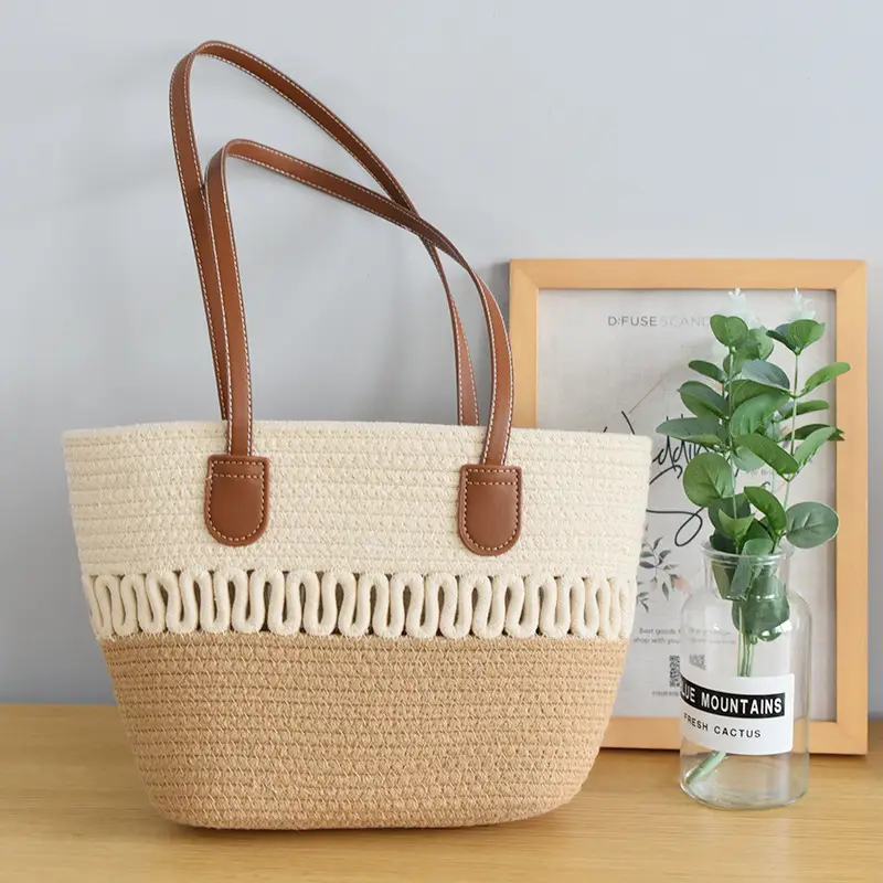 Women's Woven Travel Tote Bag with Leather Handles — feature 8