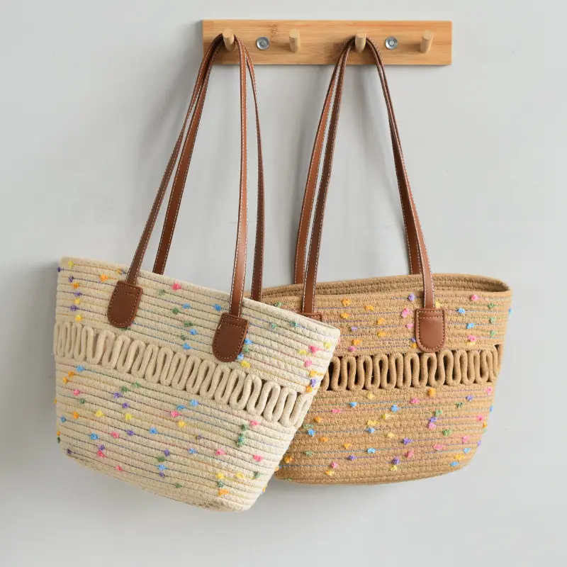 Women's Woven Travel Tote Bag with Leather Handles — feature 9