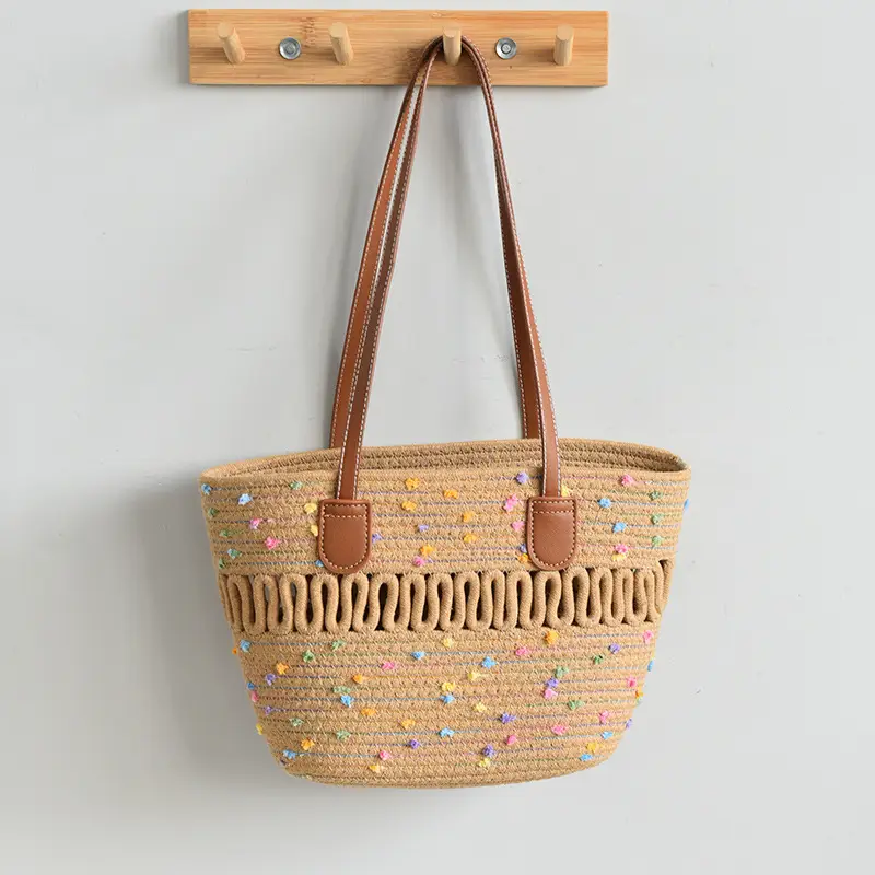 Women's Woven Travel Tote Bag with Leather Handles - Image 2