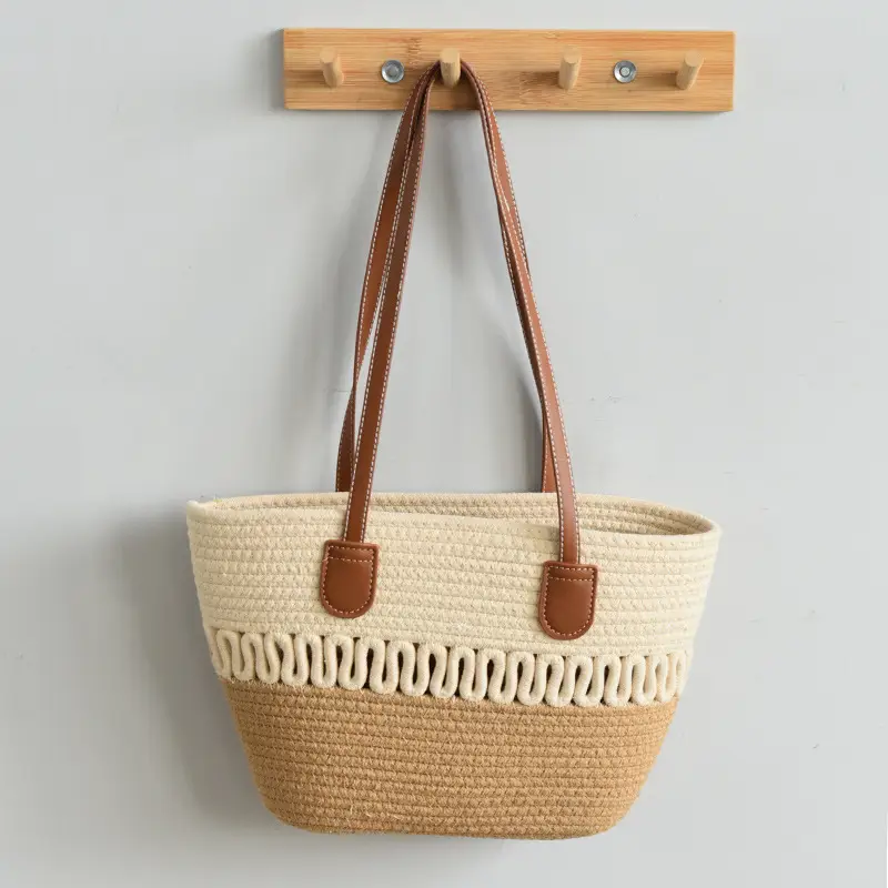Women's Woven Travel Tote Bag with Leather Handles - Image 3