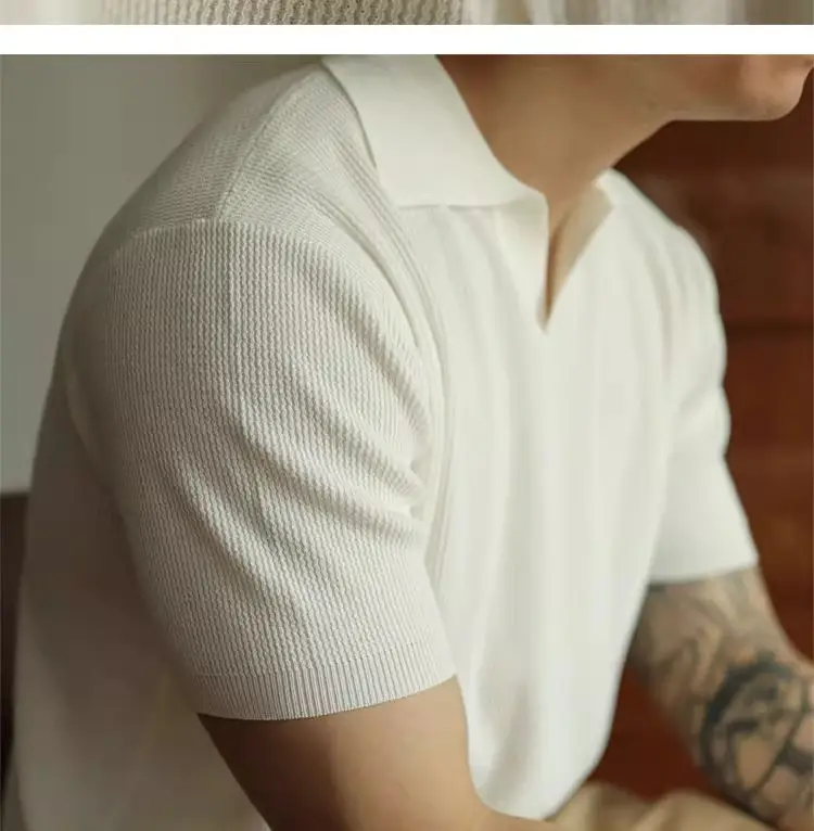 Men's V-Neck Knitted Polo Shirt White Short Sleeve — feature 14