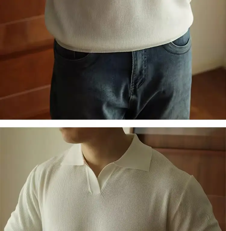 Men's V-Neck Knitted Polo Shirt White Short Sleeve — feature 3