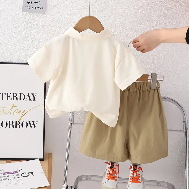 Kids Cotton Polo Short Sleeve Suit Brown Shorts - Image 4