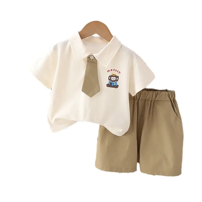 Kids Cotton Polo Short Sleeve Suit Brown Shorts - Image 5