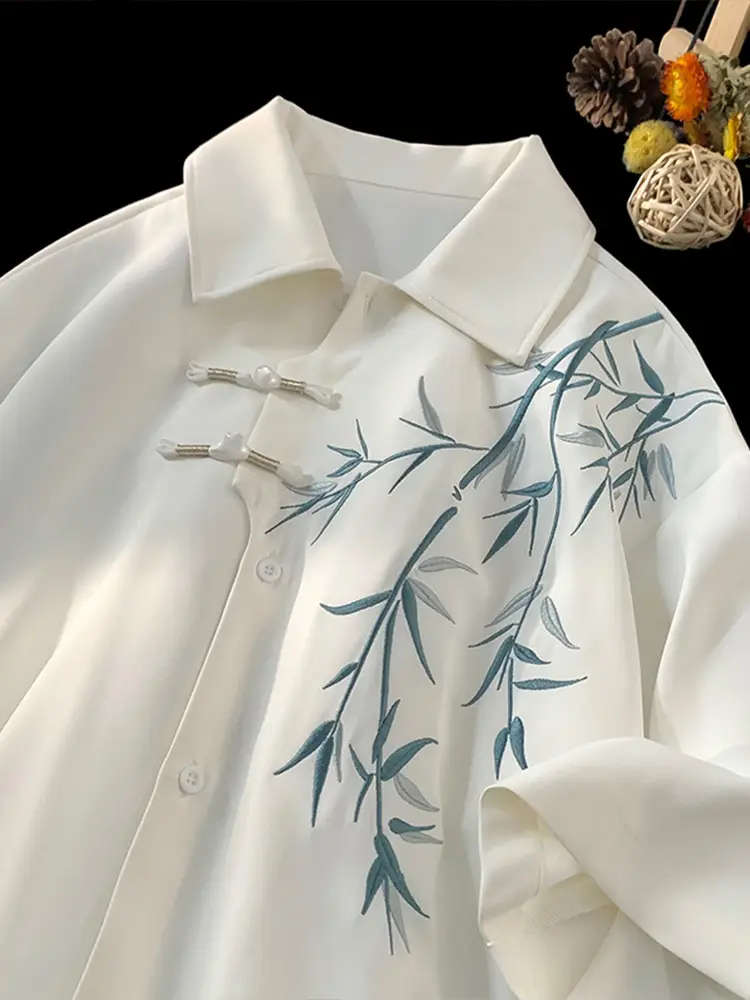 Men's White Bamboo Embroidered Short Sleeve Shirt - Image 4