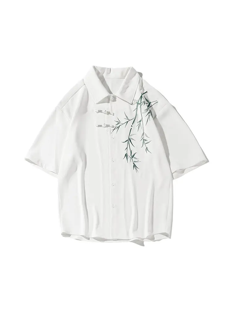 Men's White Bamboo Embroidered Short Sleeve Shirt - Image 7