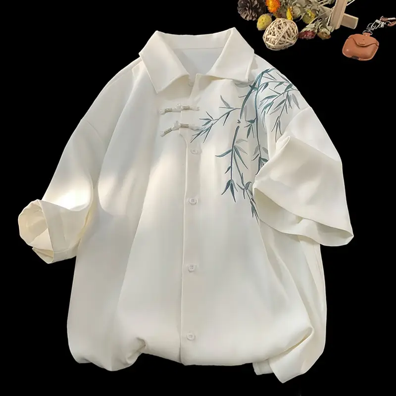 Men's White Bamboo Embroidered Short Sleeve Shirt - Image 2