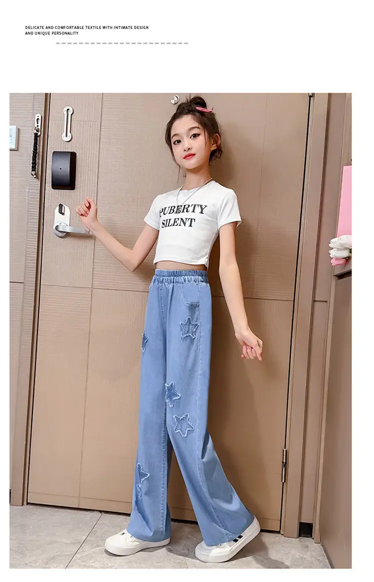 Girls' Summer Ice Silk Pants Outer Wear Thin 2023 New Style Big Children's Wide Leg Pants Summer Loose Children's Jeans — feature 16
