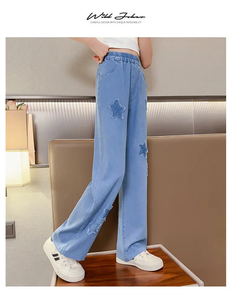 Girls' Summer Ice Silk Pants Outer Wear Thin 2023 New Style Big Children's Wide Leg Pants Summer Loose Children's Jeans — feature 18