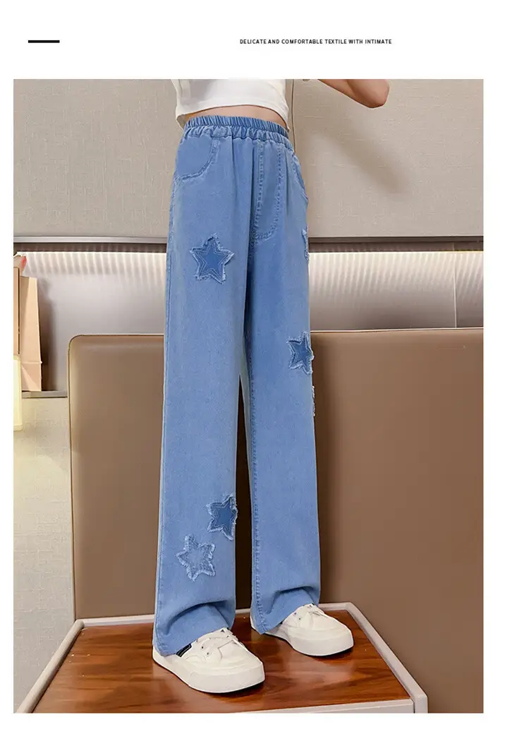 Girls' Summer Ice Silk Pants Outer Wear Thin 2023 New Style Big Children's Wide Leg Pants Summer Loose Children's Jeans — feature 19
