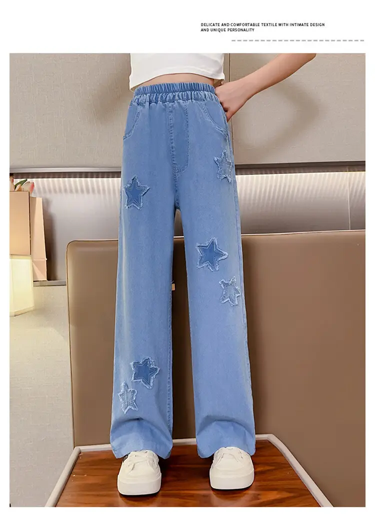 Girls' Summer Ice Silk Pants Outer Wear Thin 2023 New Style Big Children's Wide Leg Pants Summer Loose Children's Jeans — feature 20