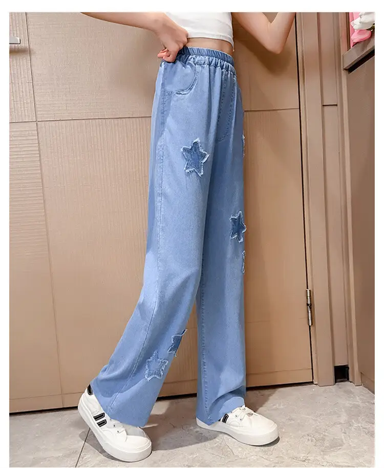 Girls' Summer Ice Silk Pants Outer Wear Thin 2023 New Style Big Children's Wide Leg Pants Summer Loose Children's Jeans — feature 21