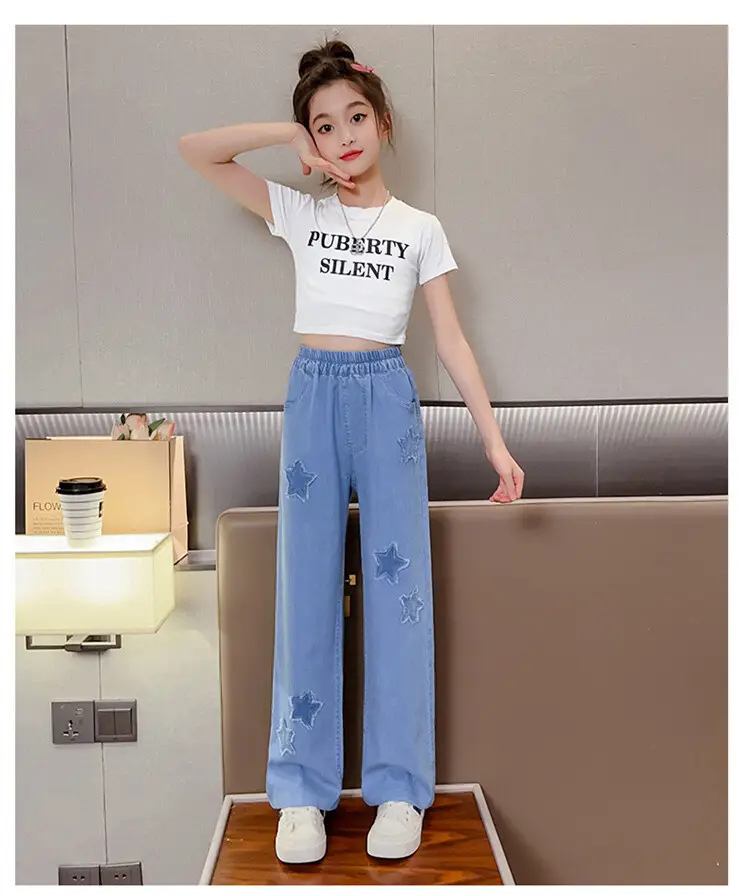 Girls' Summer Ice Silk Pants Outer Wear Thin 2023 New Style Big Children's Wide Leg Pants Summer Loose Children's Jeans — feature 22