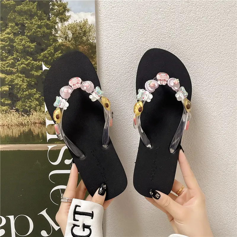 Flip-flops Women's Summer Indoor Beach Shoes for Seaside Wear DIY Shit-stepping Cute Feeling Shower Transparent Flower Non-slip - Image 4