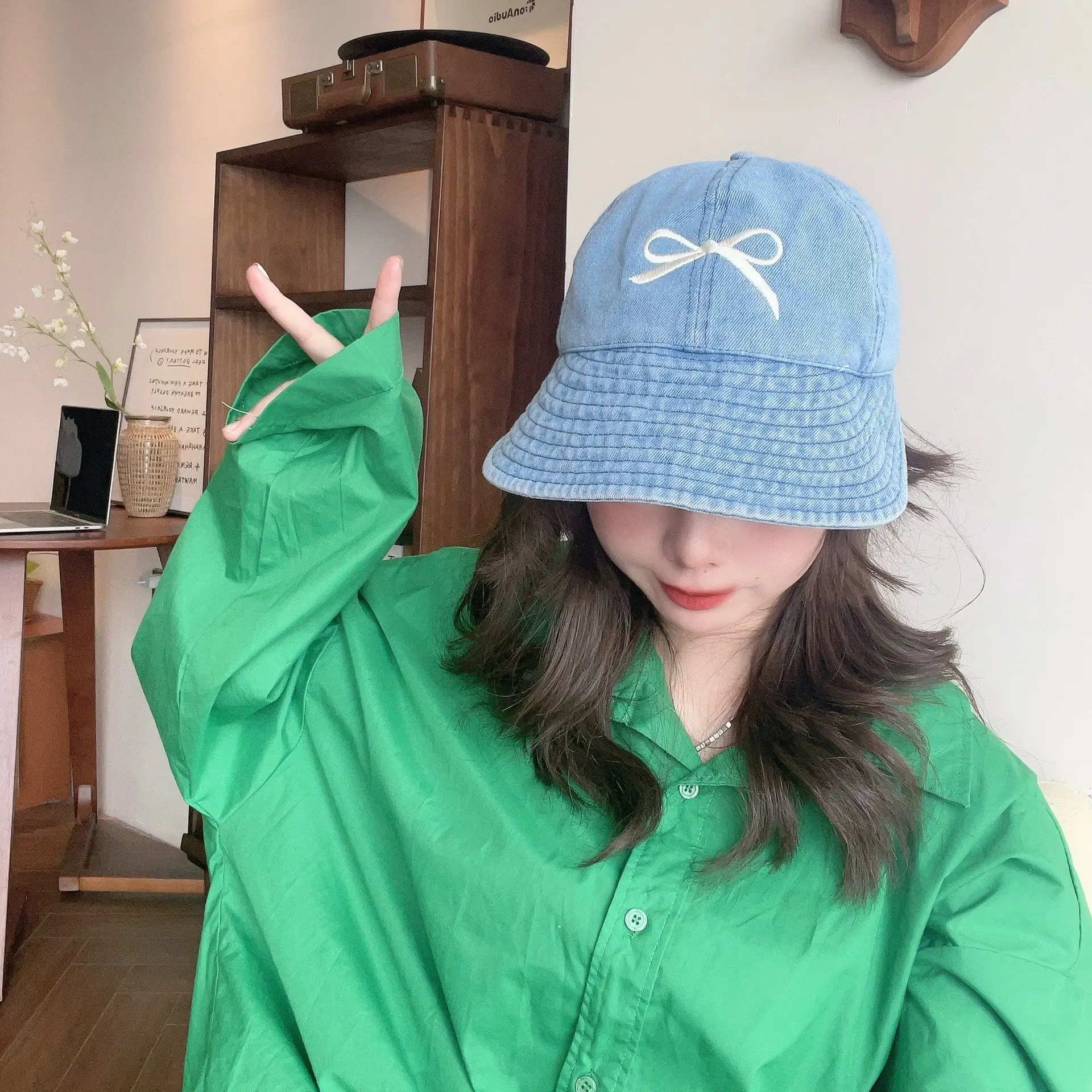 Light Blue Denim Baseball Cap with Bow Embroidery for Women - Image 10