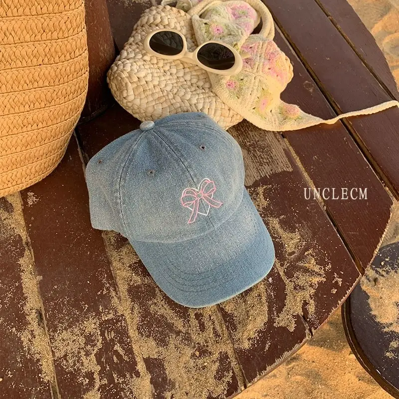 Light Blue Denim Baseball Cap with Bow Embroidery for Women - Image 15