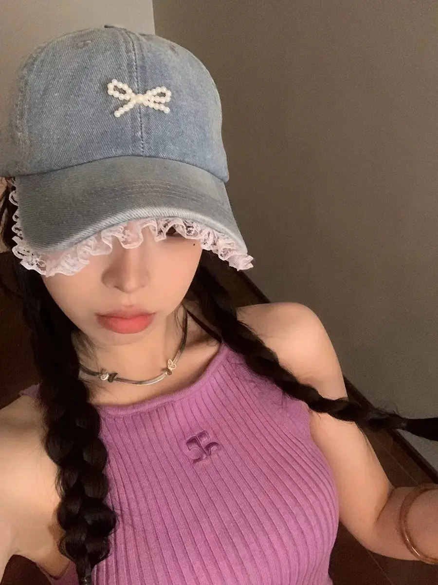 Light Blue Denim Baseball Cap with Bow Embroidery for Women - Image 21