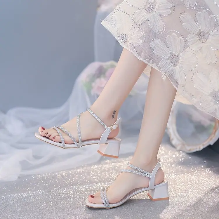 Fashion Sandals Fairy Mid-Heel 2024 New All-Match Chunky Heel Rhinestone Wrapped Roman Elegant High Heels