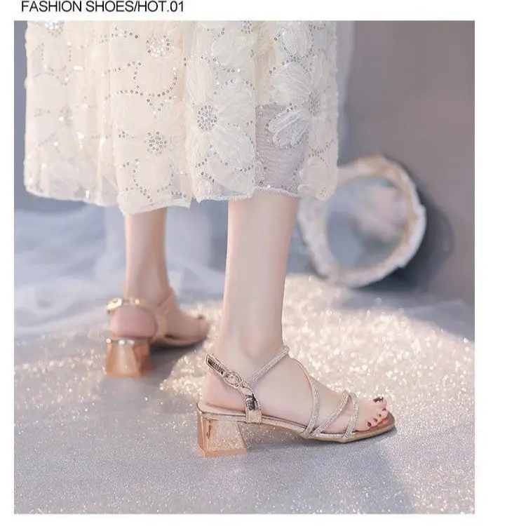Fashion Sandals Fairy Mid-Heel 2024 New All-Match Chunky Heel Rhinestone Wrapped Roman Elegant High Heels