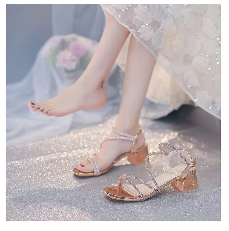 Fashion Sandals Fairy Mid-Heel 2024 New All-Match Chunky Heel Rhinestone Wrapped Roman Elegant High Heels — feature 10
