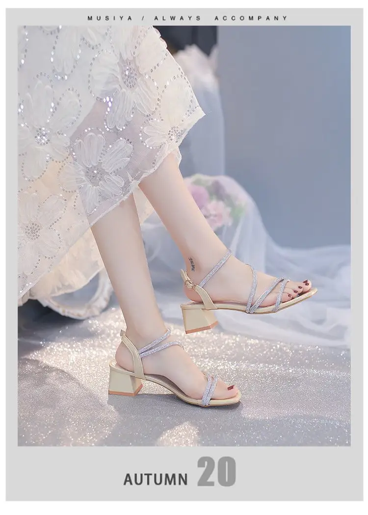 Fashion Sandals Fairy Mid-Heel 2024 New All-Match Chunky Heel Rhinestone Wrapped Roman Elegant High Heels — feature 6