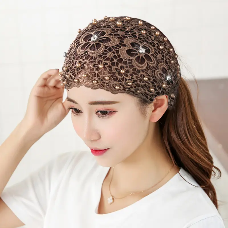 Women Hollow Beaded Hair Cover with Lace Wide Brim - Image 10