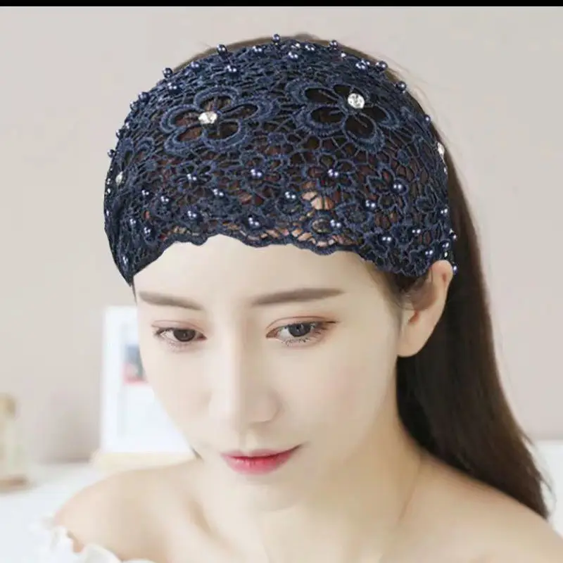 Women Hollow Beaded Hair Cover with Lace Wide Brim - Image 2