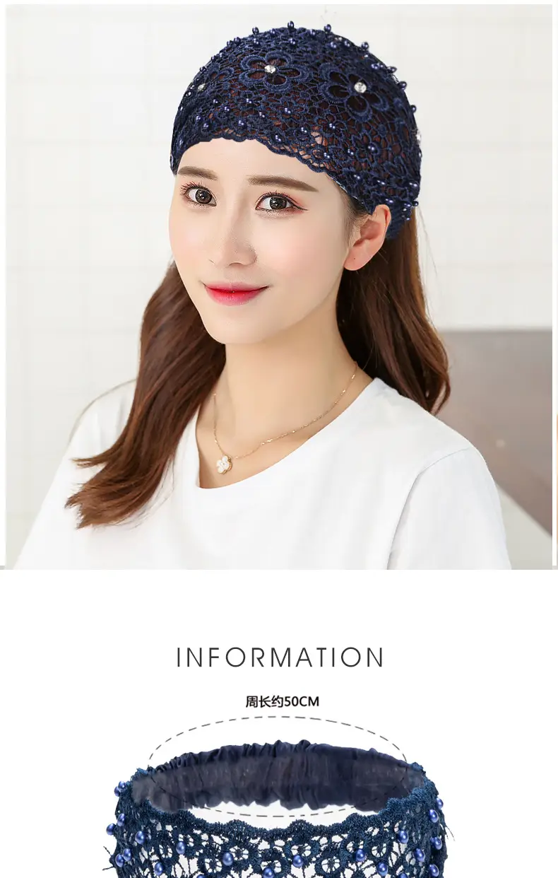 Women Hollow Beaded Hair Cover with Lace Wide Brim — feature 1