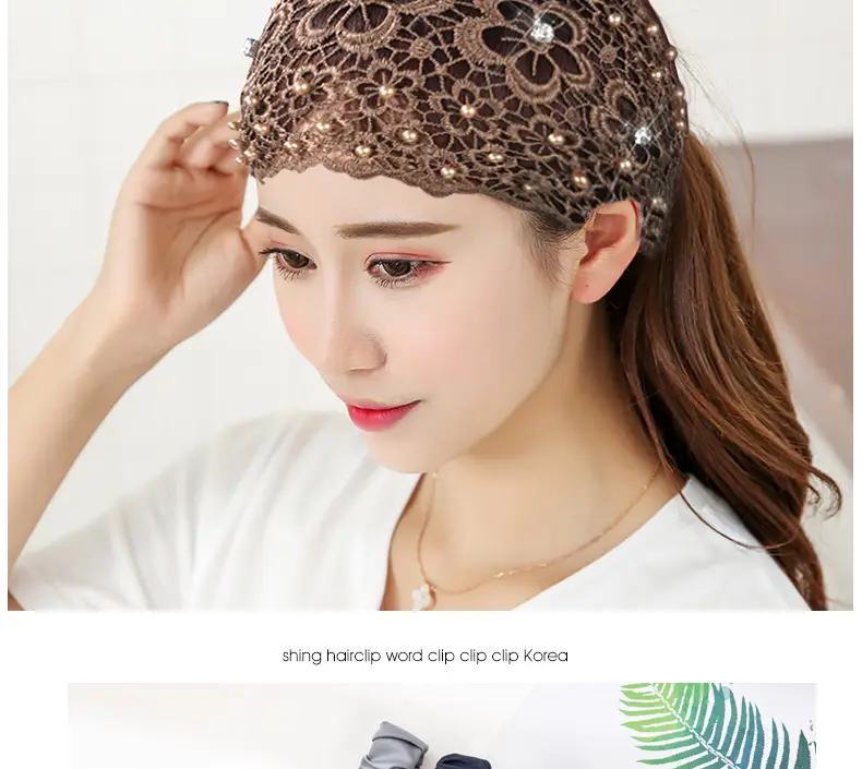 Women Hollow Beaded Hair Cover with Lace Wide Brim — feature 6
