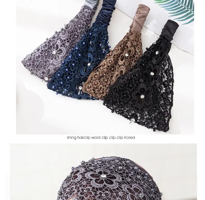 Women Hollow Beaded Hair Cover with Lace Wide Brim — feature 7