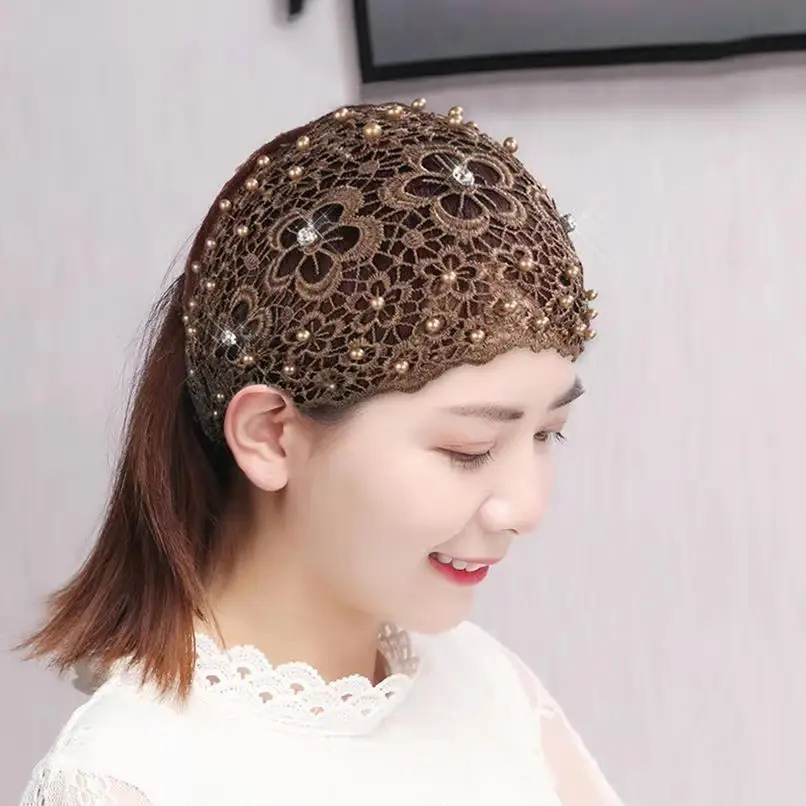 Women Hollow Beaded Hair Cover with Lace Wide Brim - Image 3