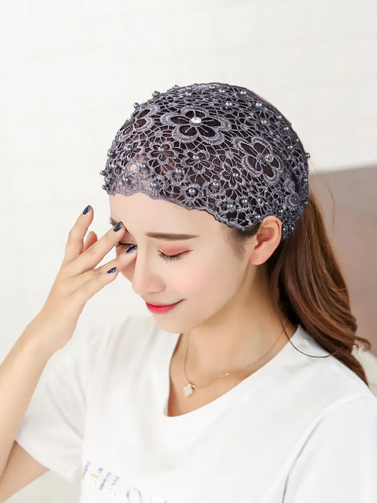 Women Hollow Beaded Hair Cover with Lace Wide Brim - Image 4