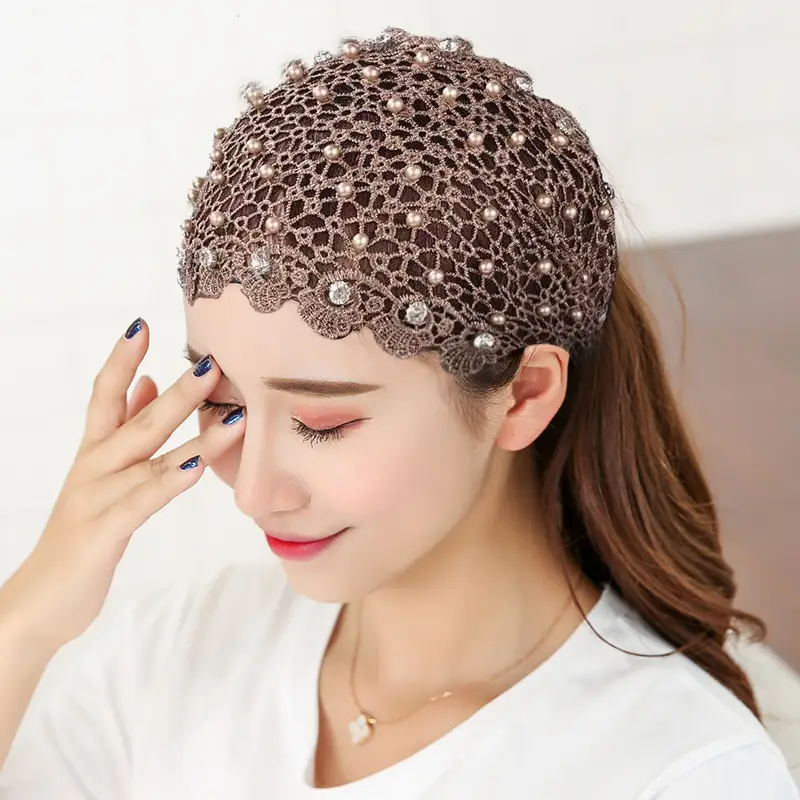 Women Hollow Beaded Hair Cover with Lace Wide Brim - Image 5