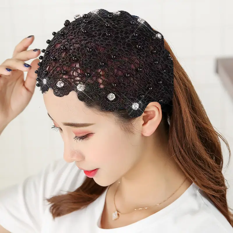 Women Hollow Beaded Hair Cover with Lace Wide Brim - Image 6