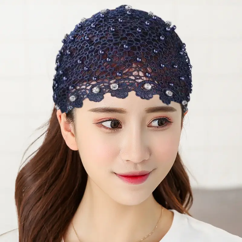 Women Hollow Beaded Hair Cover with Lace Wide Brim - Image 7