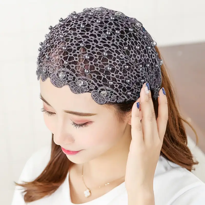 Women Hollow Beaded Hair Cover with Lace Wide Brim - Image 8
