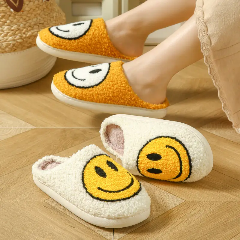 Cross-border Cotton Slippers Men's Autumn and Winter Indoor Home Thick Bottom Cute Cartoon Smiley Warm Couple Slippers - Image 8
