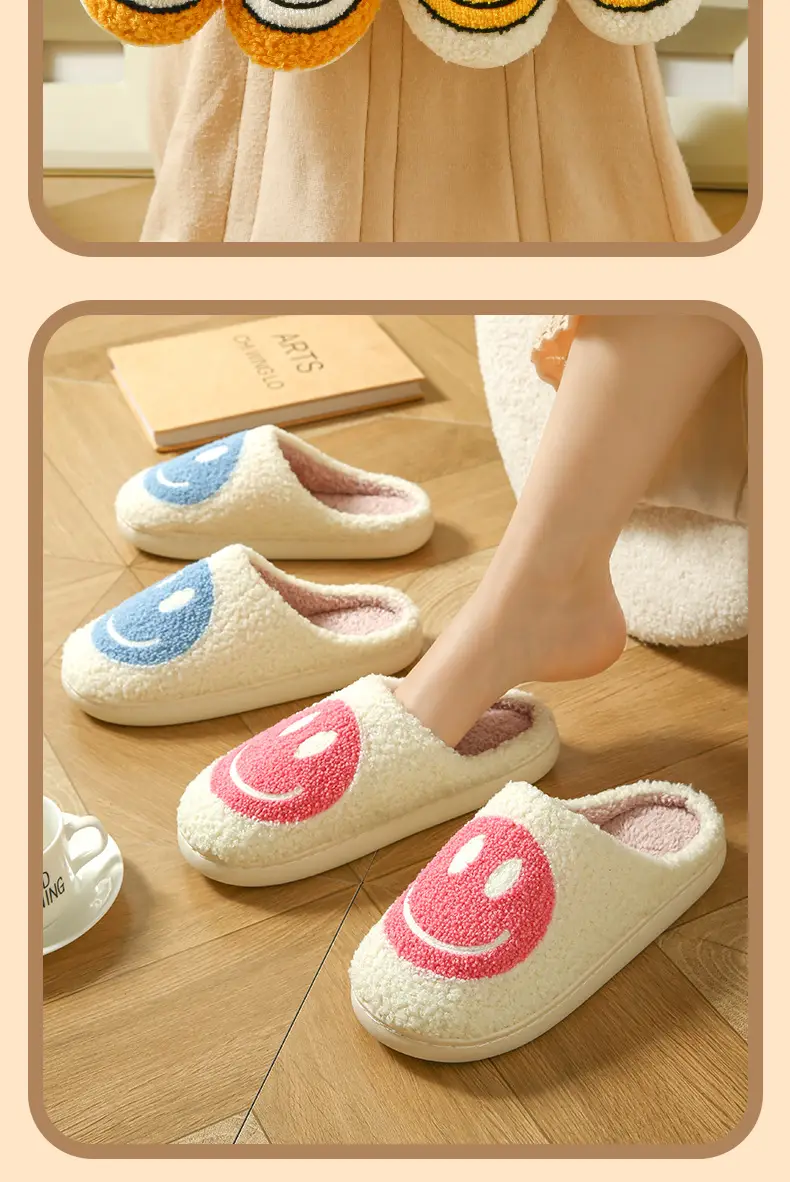 Cross-border Cotton Slippers Men's Autumn and Winter Indoor Home Thick Bottom Cute Cartoon Smiley Warm Couple Slippers — feature 14
