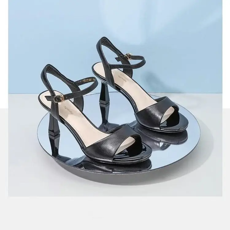 Women's Black Leather Heel Sandals 2024 Summer - Image 4