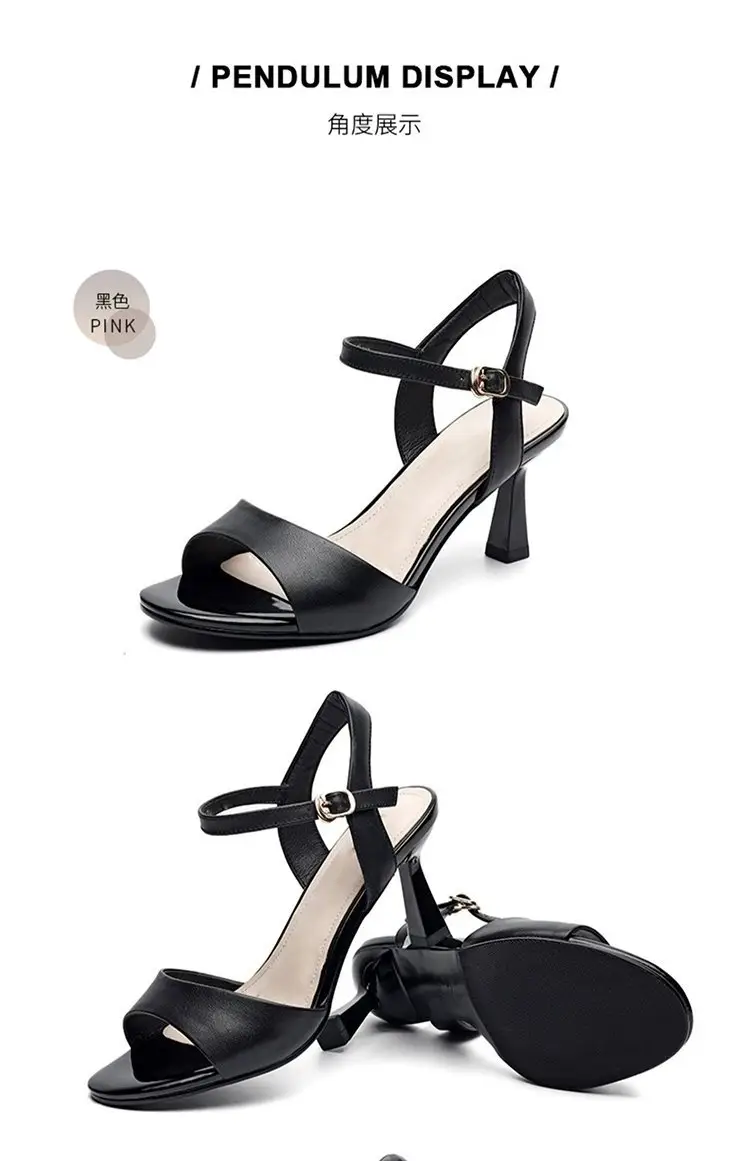 Women's Black Leather Heel Sandals 2024 Summer — feature 5