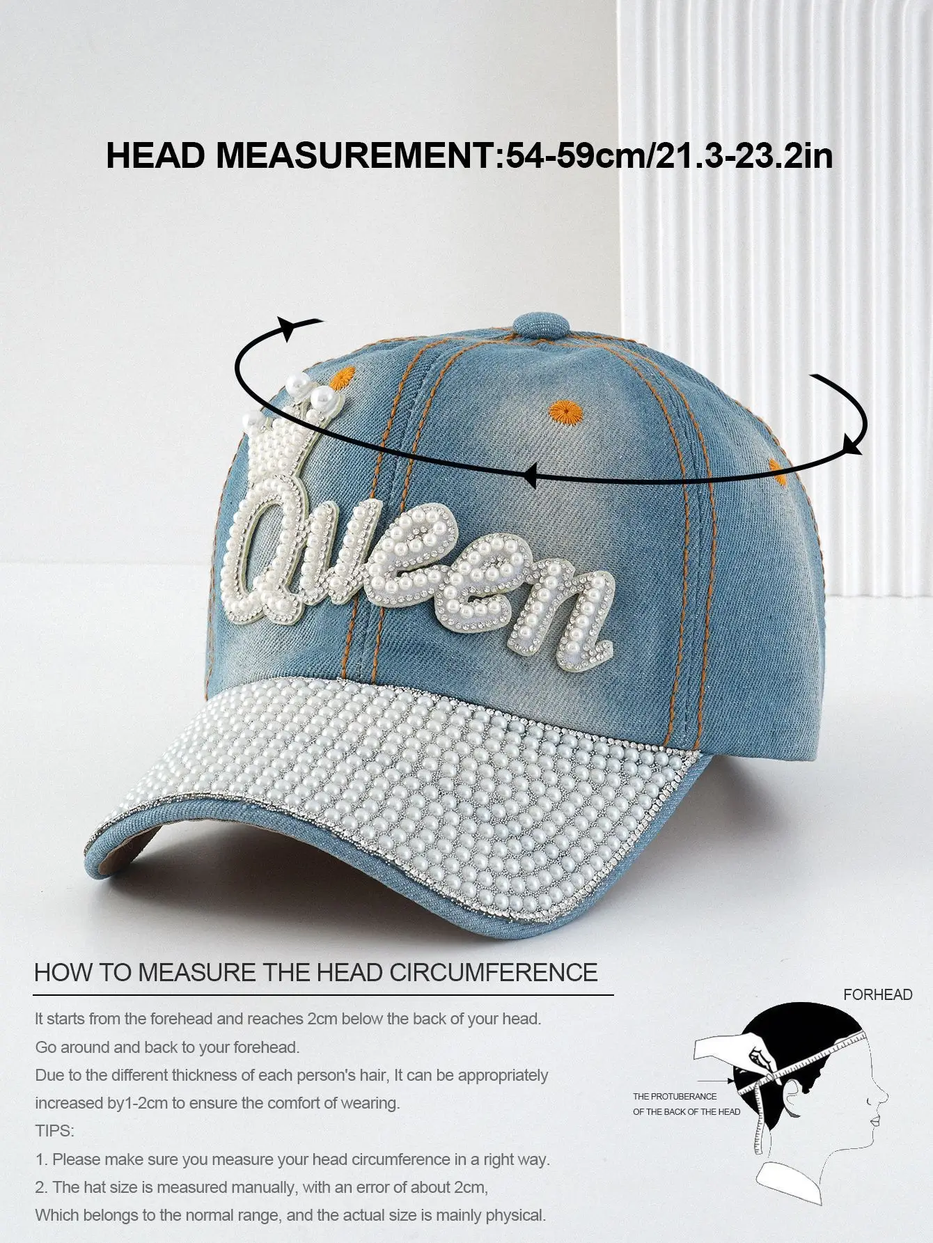 Women's Pearl Diamond Crown Baseball Cap Queen Design Adjustable — feature 4