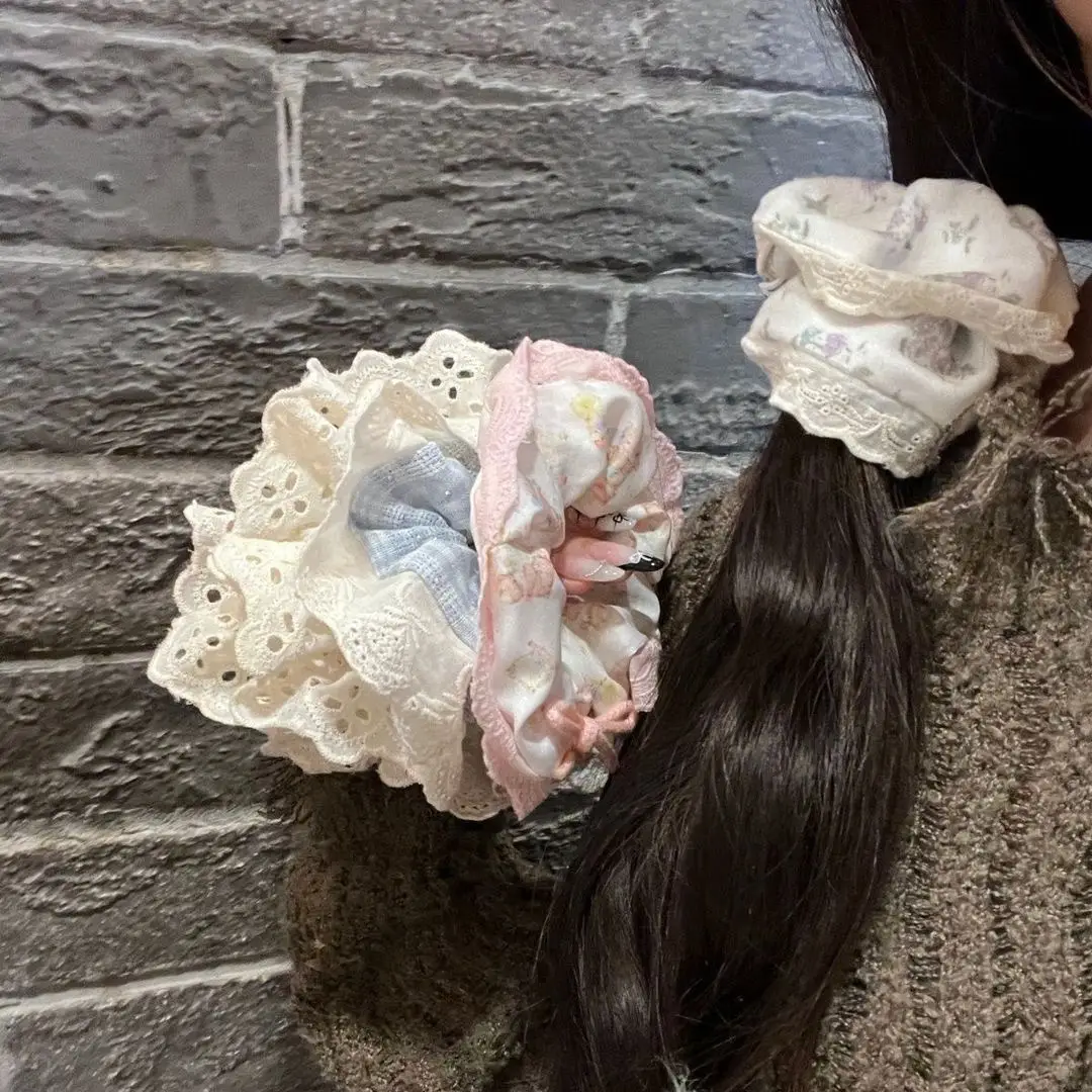 Korean Style Blue Plaid Hair Rope Women French Lace Large Intestine Ring - Image 6