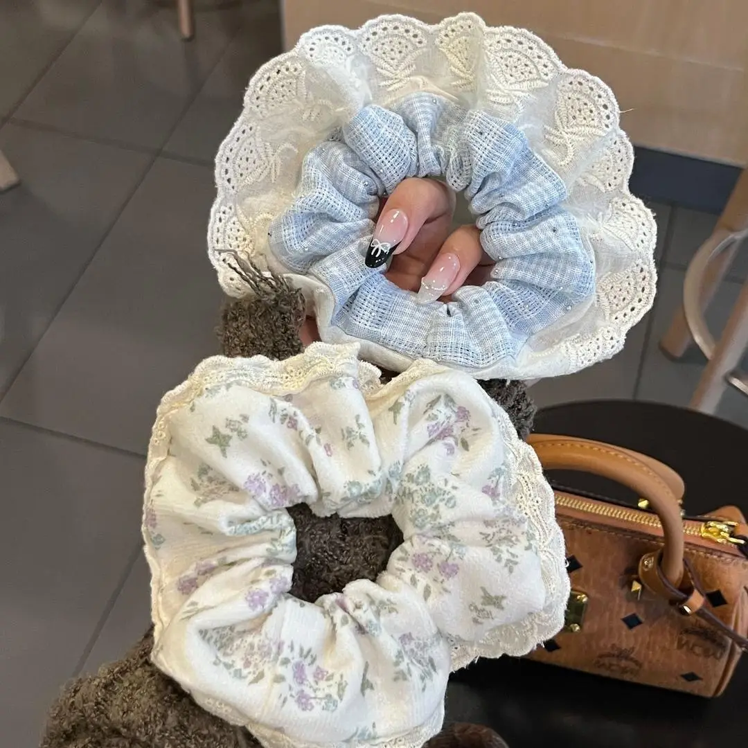 Korean Style Blue Plaid Hair Rope Women French Lace Large Intestine Ring - Image 8