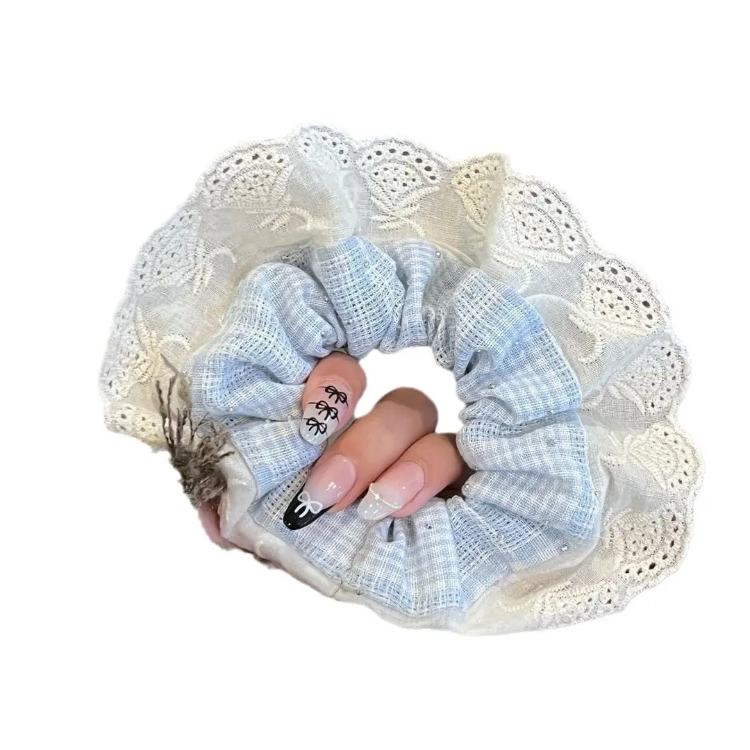 Korean Style Blue Plaid Hair Rope Women French Lace Large Intestine Ring - Image 9