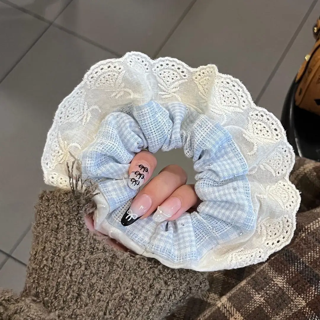 Korean Style Blue Plaid Hair Rope Women French Lace Large Intestine Ring - Image 2