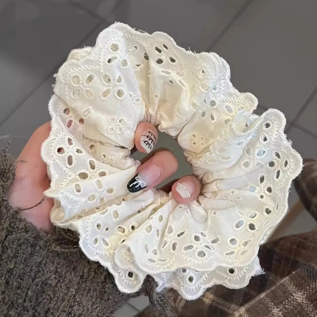 Korean Style Blue Plaid Hair Rope Women French Lace Large Intestine Ring - Image 4